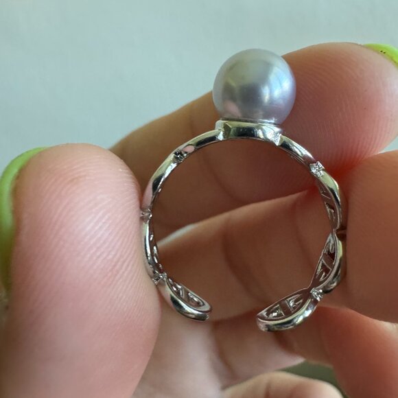 Sterling Silver 925 Link Band Ring with Pearl - Picture 3 of 6